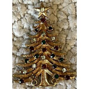 Gold-Tone Rhinestone Christmas Tree Pin Brooch Pendant Vintage